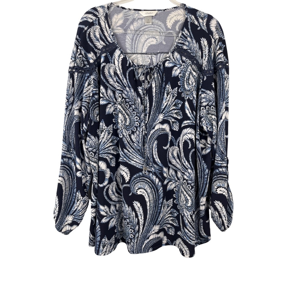 CJ Banks Navy & White Paisley Long Sleeve Women's Tunic Top | 3X
